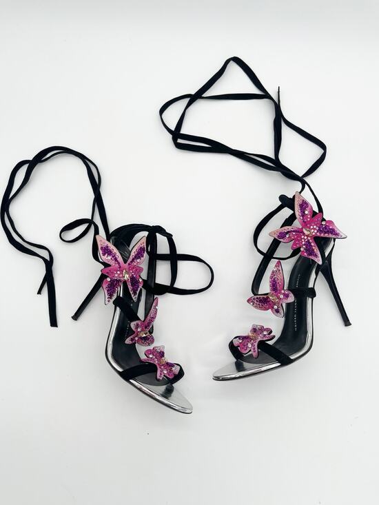Giuseppe Zanotti Shoes - Giuseppe Zanotti Estelle Black Suede Butterfly Crystal Lace Up Sandals IT 40